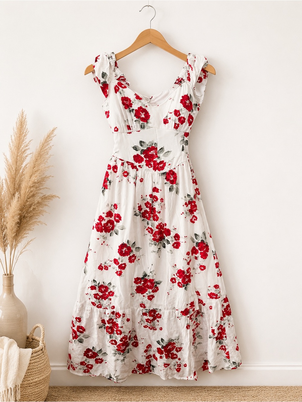 Hollister White Maxi Dress with Red Floral Print